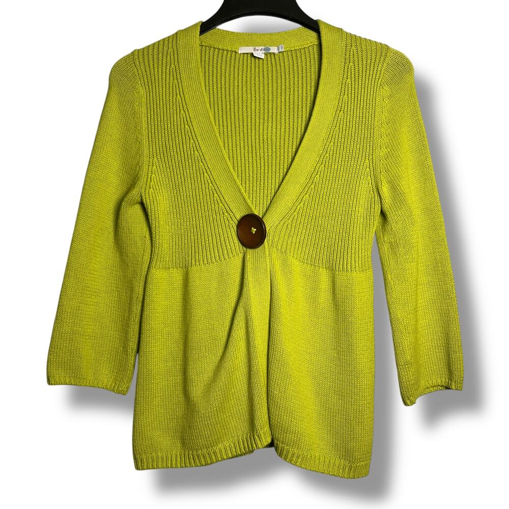 Boden Lime Green Cardigan Size 8 Chunky Knit Wood Button Cotton 3/4 sleeve Boho